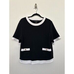 St John Sweater Shirt Short Sleeve Black Contrast Trim Gold Wool Women's Large